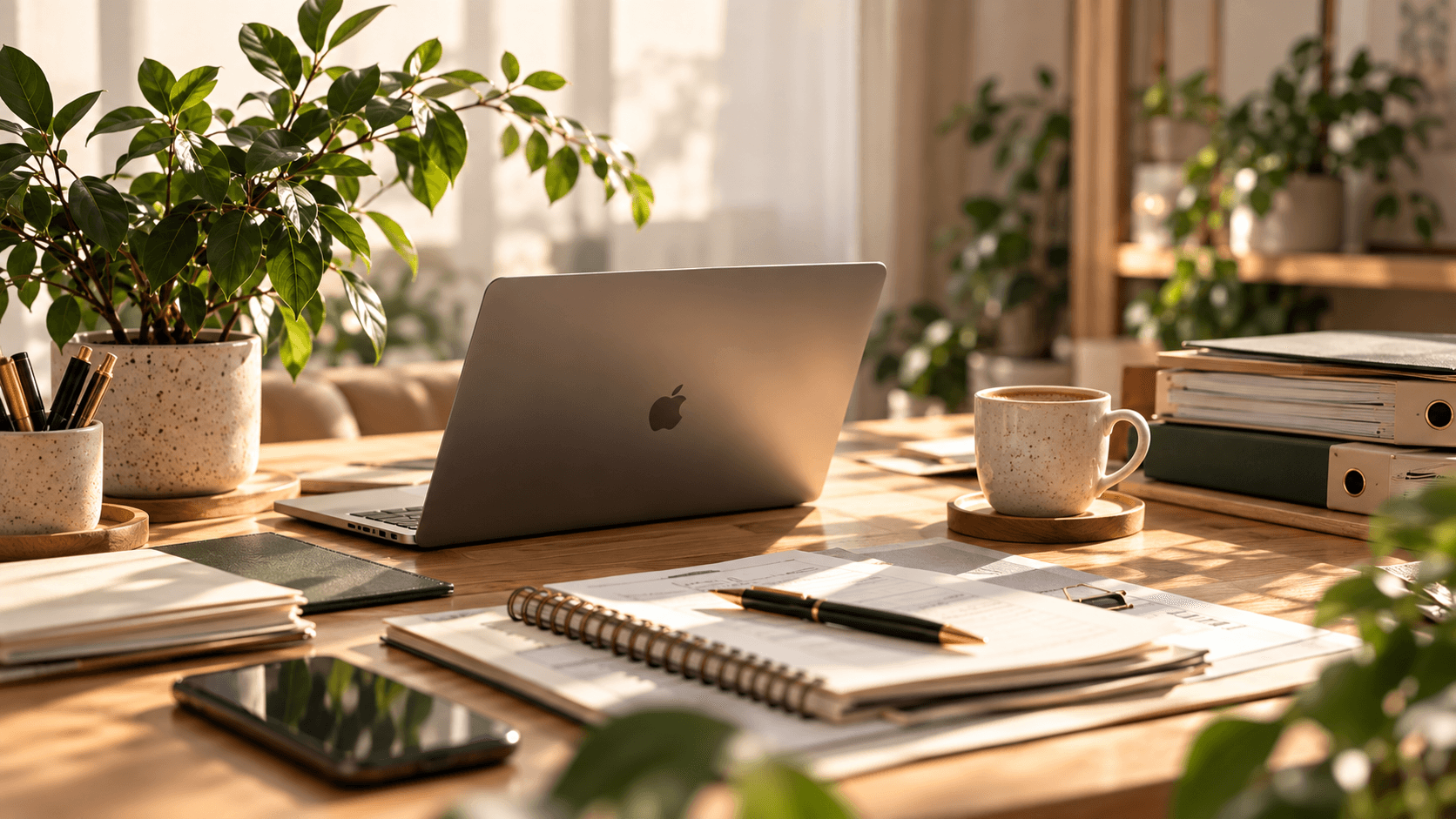 Zonnig bureau met laptop, koffie, planten en documenten