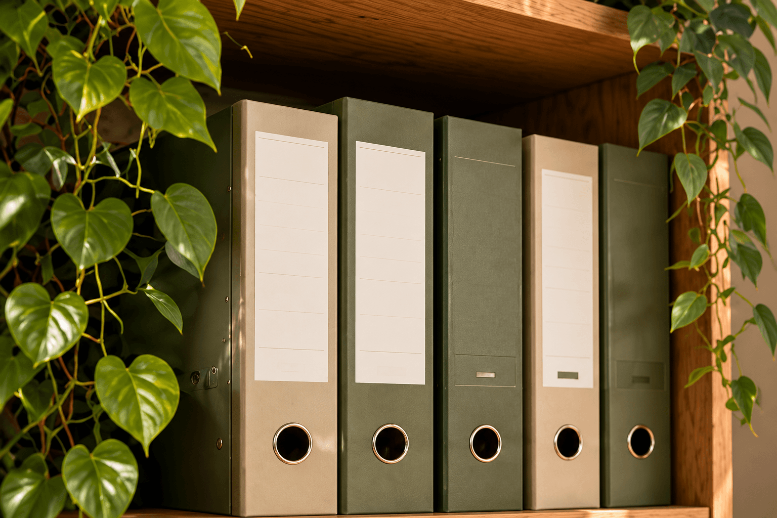 Geordende archiefmappen in een houten kast, omringd door planten