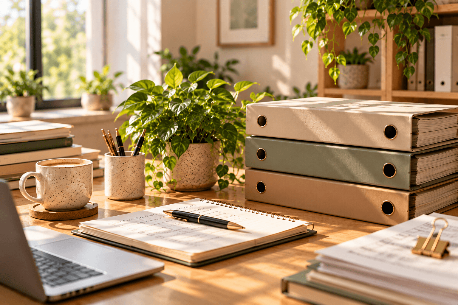 Gestapelde ordners en een notitieboek op een zonnig bureau