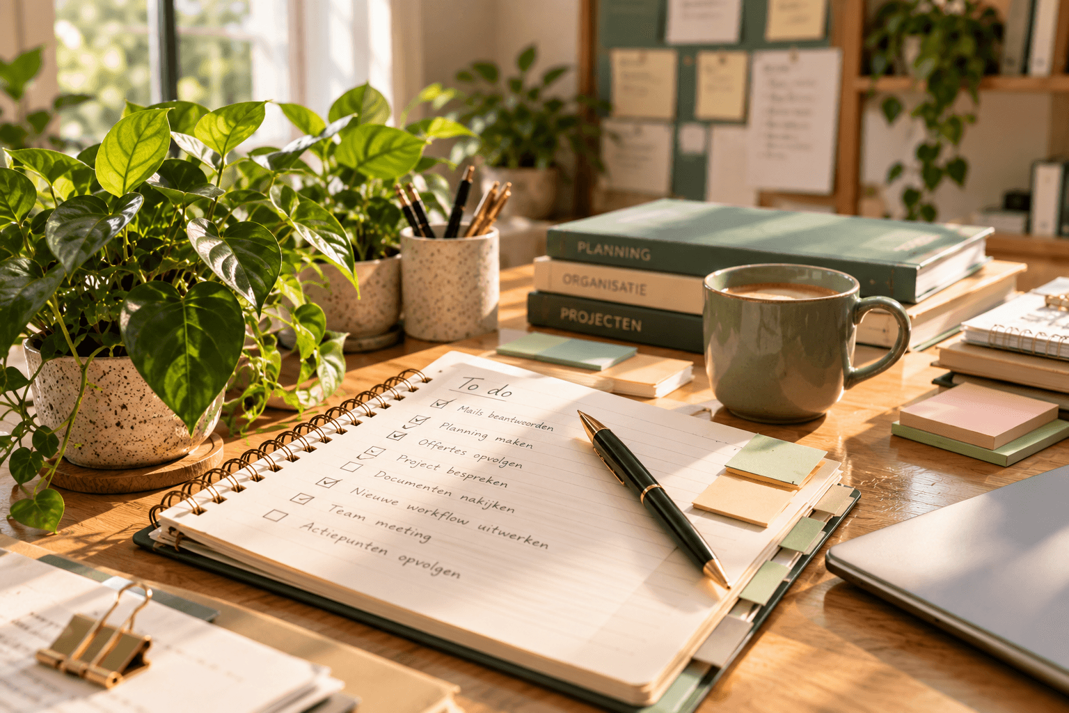 Notitieboek met to-do-lijst naast boeken over planning, organisatie en projecten