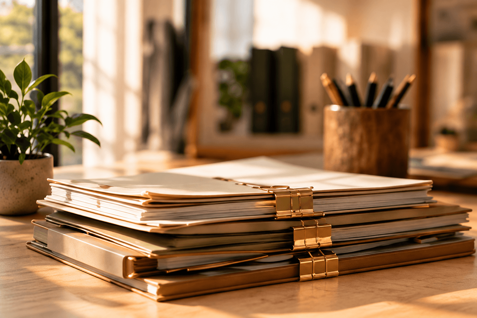 Stapel geordende documenten met klemmen op een houten bureau