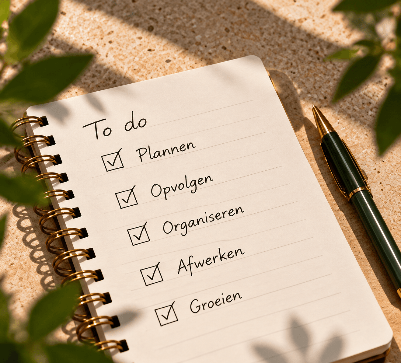 Notitieboek met afgevinkte to-do-lijst: plannen, opvolgen, organiseren, afwerken, groeien